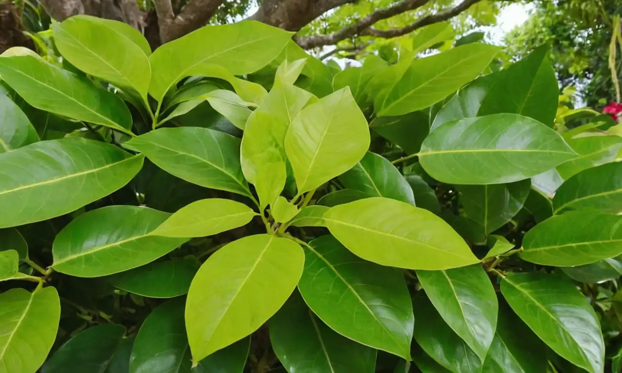 Ficus en florido jardín, hoja caída sobre suelo verde