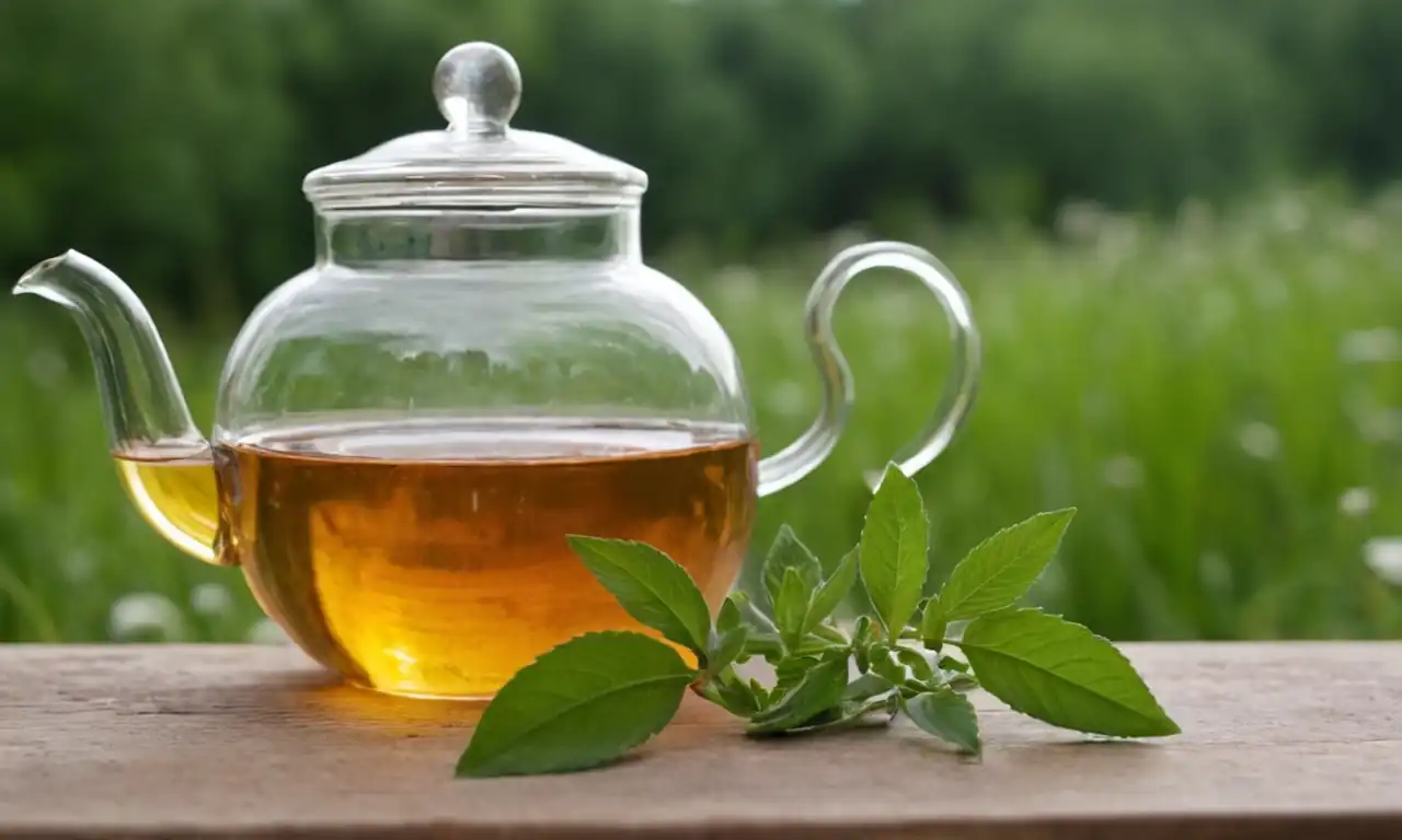 Herbal teas, essential oils, natural remedies, calming landscape