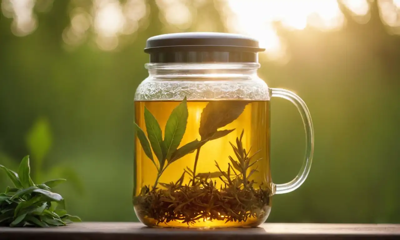 Herbal tea infuser, glass jar, aromatic leaves, warm light