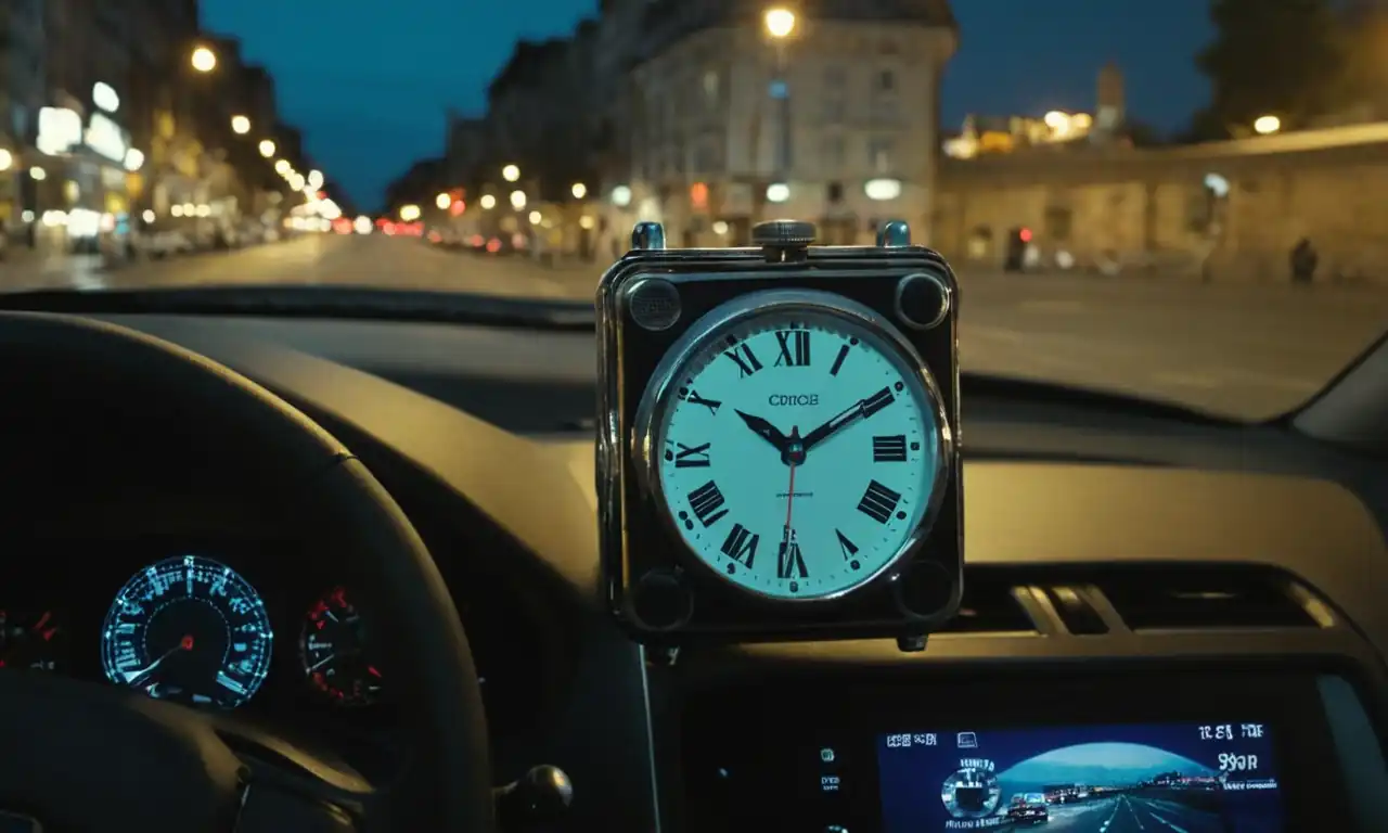 Carro en un cruce, reloj digital visible, con fondo de ciudad