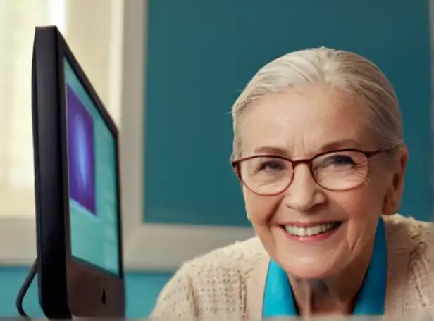 Senior citizen sitting in front of a computer with a smiling expression