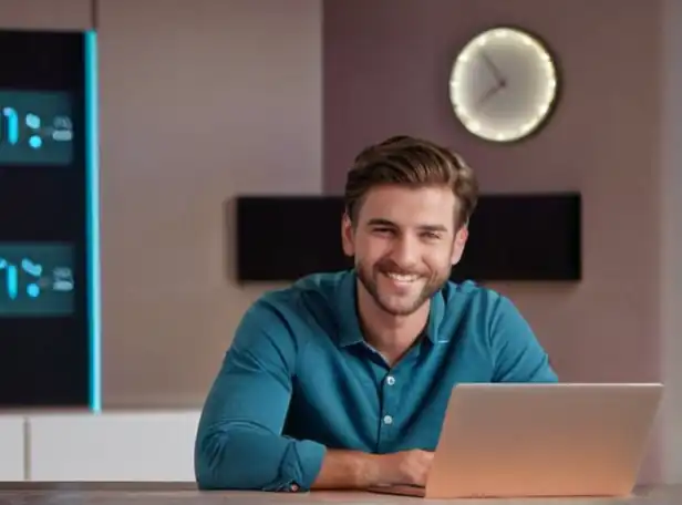 A person smiling sitting in front of a laptop with a clock ticking in the background