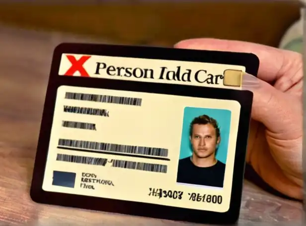 Person holding expired ID card with computer and clock