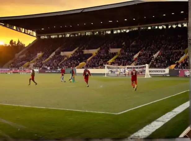 Football players on a pitch at sunset