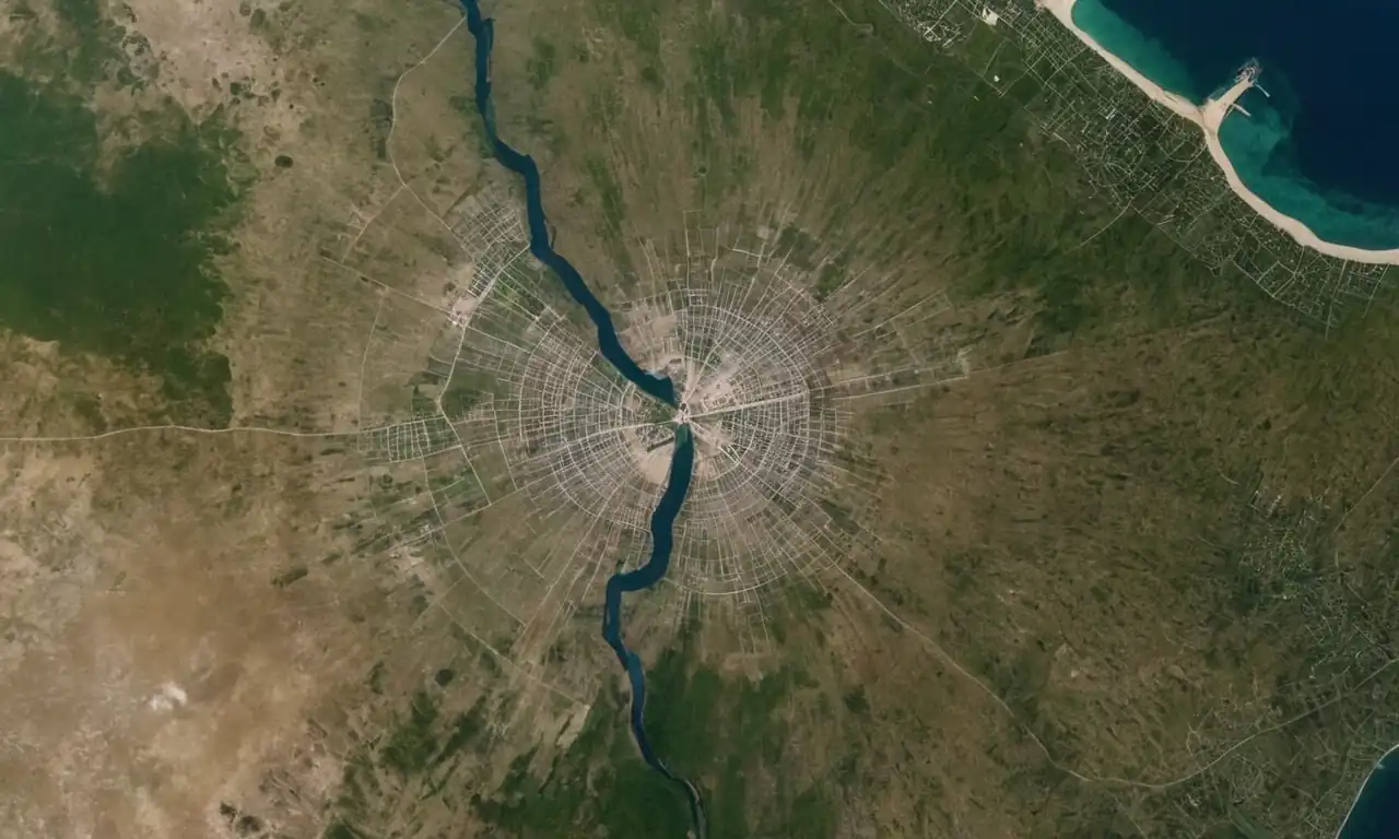 Un mapa digital de Google Earth con una flecha punteada