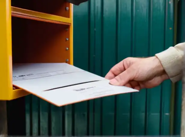 A postal worker opening a mailbox with a package inside