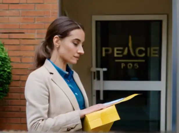 A person collecting a package at Correos office with a calm expression