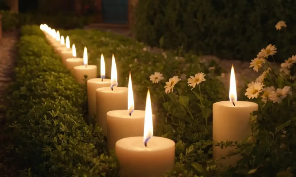 7 velas ardiendo en un jardín de flores blancas