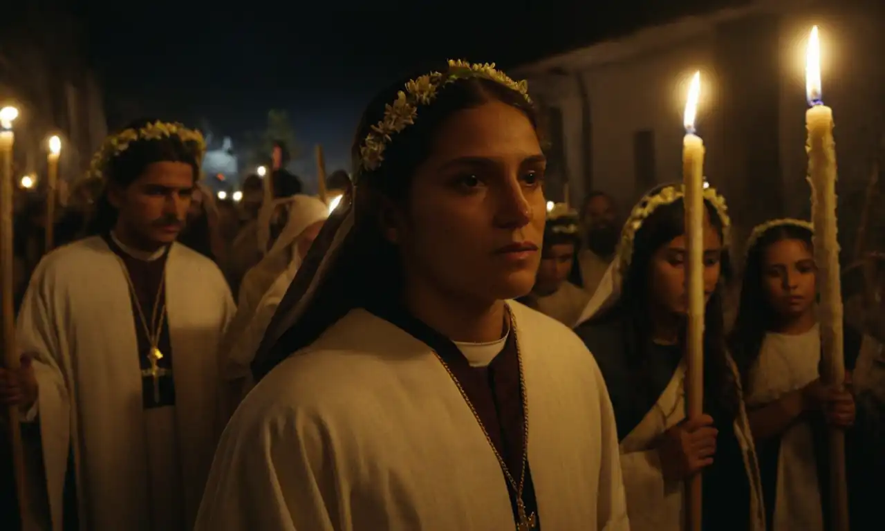 Santos en procesión, crucifijos y flores en un fondo oscuro