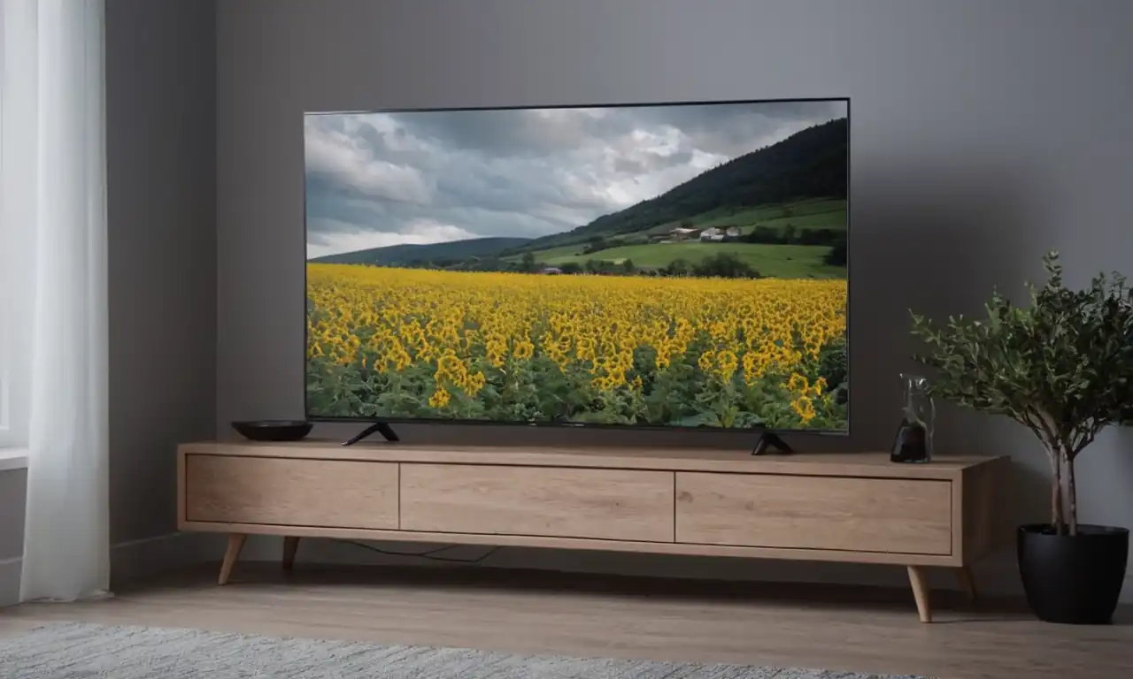 TV Samsung silenciosa en un ambiente tranquilo con fondo gris claro