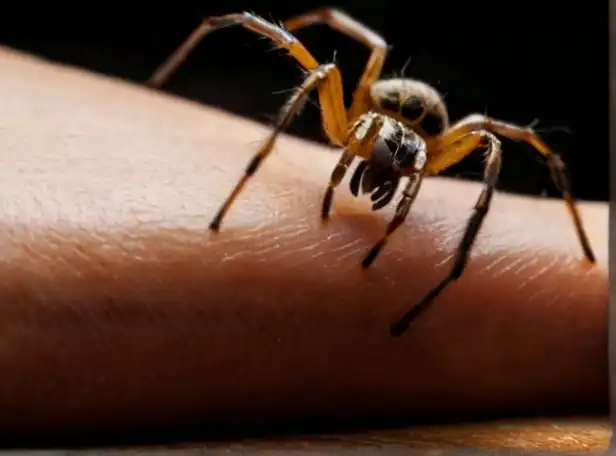 Spiders crawling on human body in a dark background