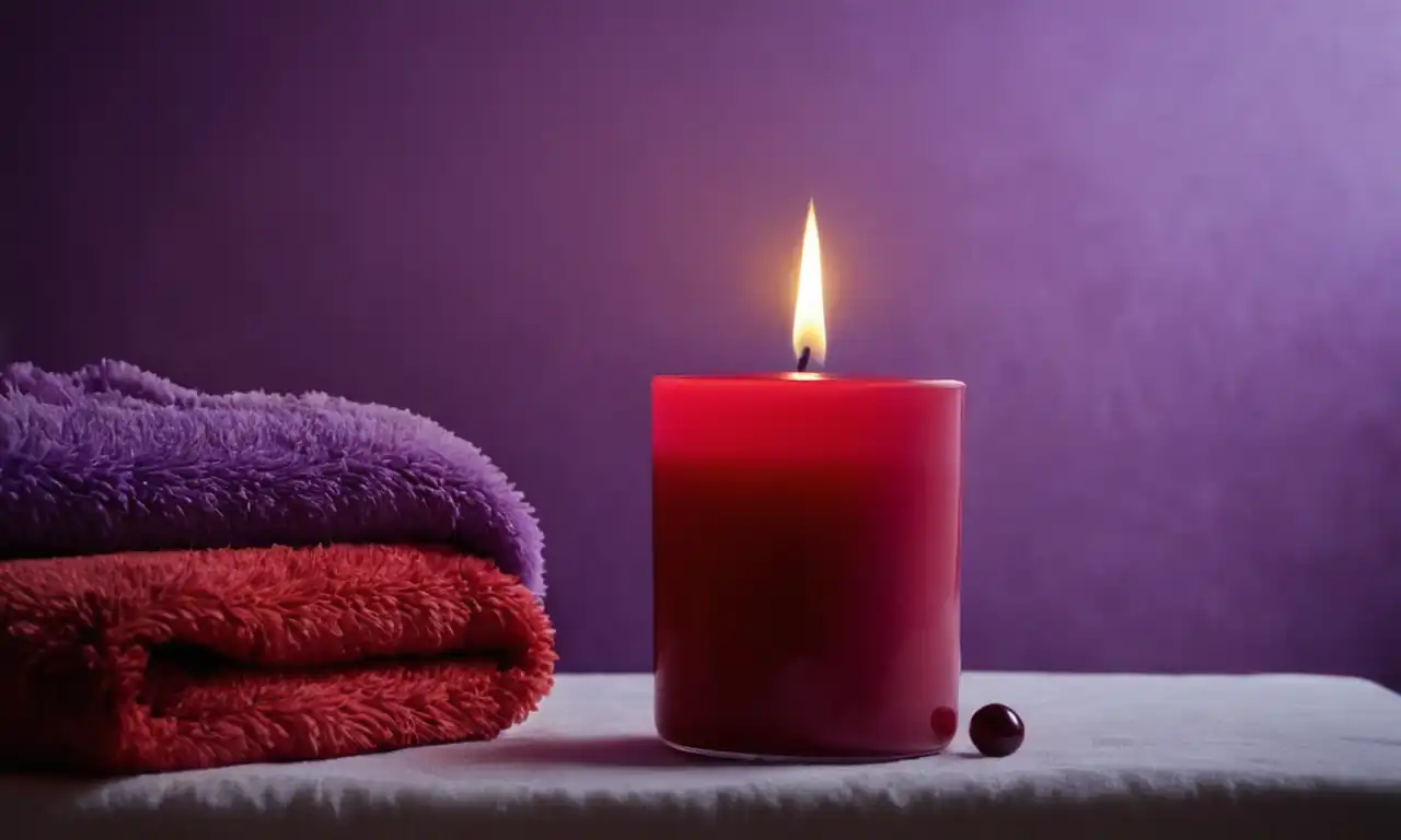 Red rash, purple spots, soft fluffy towel, scented candle