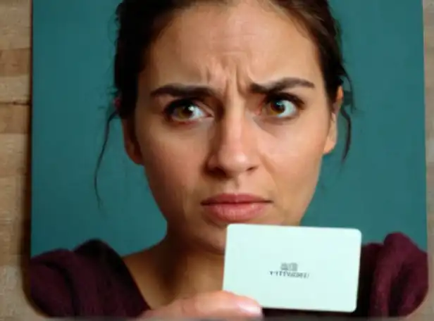 A person looking at a blocked card with a worried expression