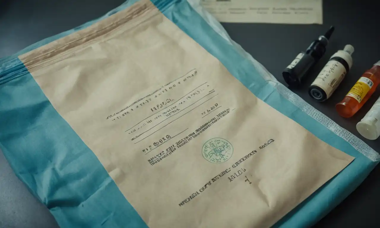 Ink-stamped arm, donation bag, medical chart, sterile syringe