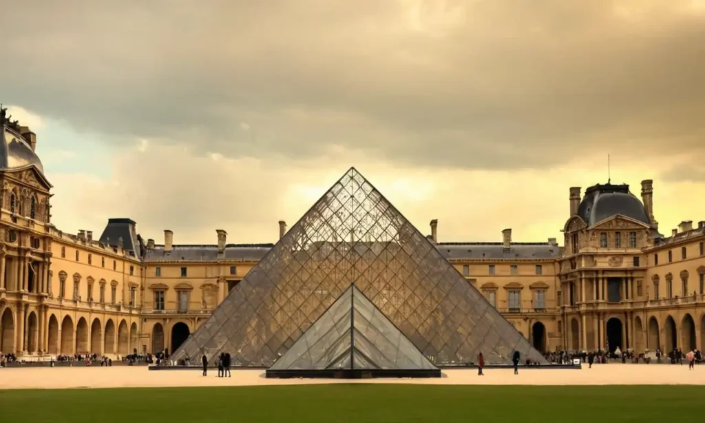 Un cuadro surrealista con una granada gigante rodeando la fachada del Museo del Louvre