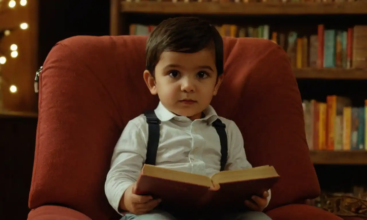 Niño feliz sentado en un asiento, rodeado de libros y objetos infantiles