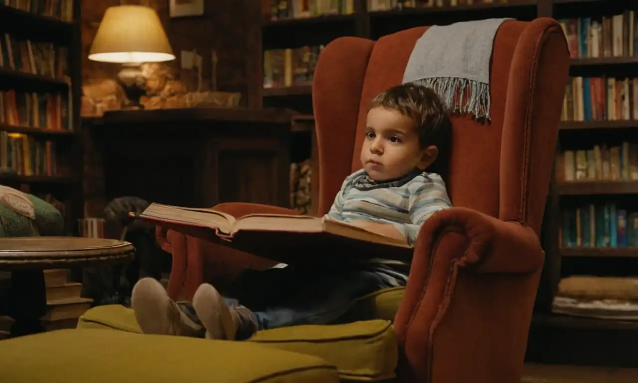 Niño sentado en un sillón, rodeado de libros y objetos infantiles, con una expresión reflexiva