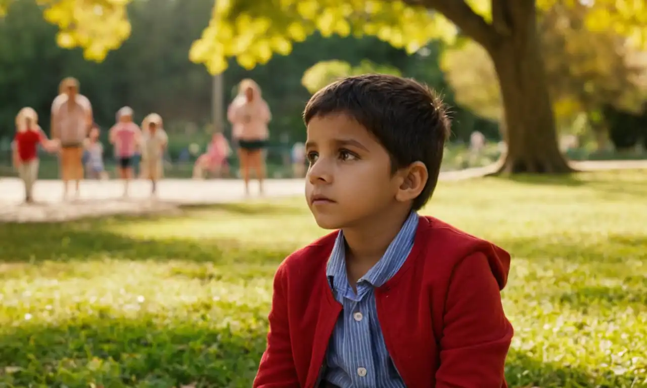 Niño pequeño sentado en un parque infantil, mirando con curiosidad