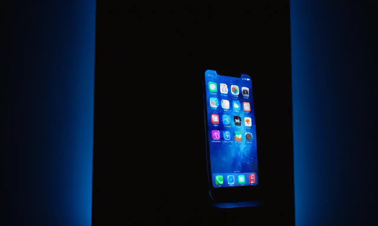 Un iPhone con pantalla azul, símbolo de alerta, superpuesto a una fondo oscura con luces LED