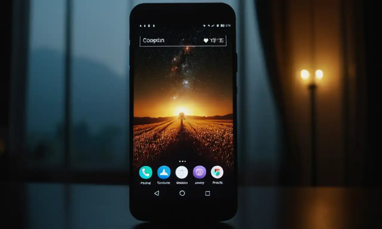 Smartphone con pantalla oscura, iconos y fondo tecnológico