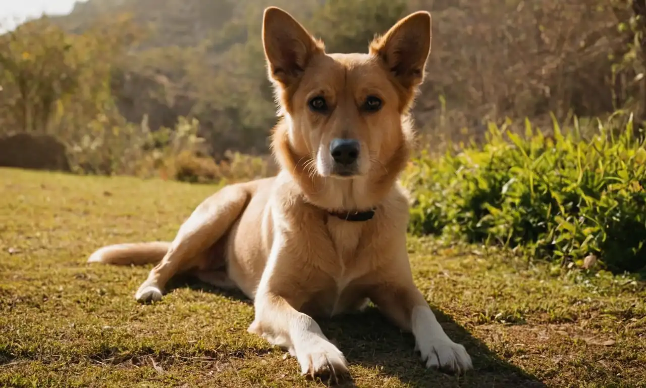 Perro sentado en un área designada, orinando con éxito