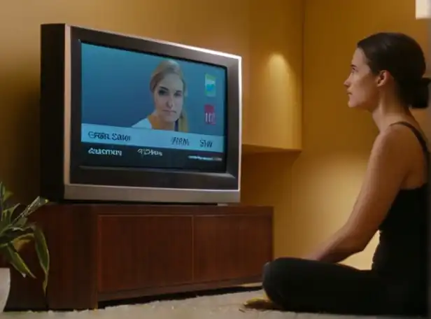 A person adjusting TV settings with a puzzled expression