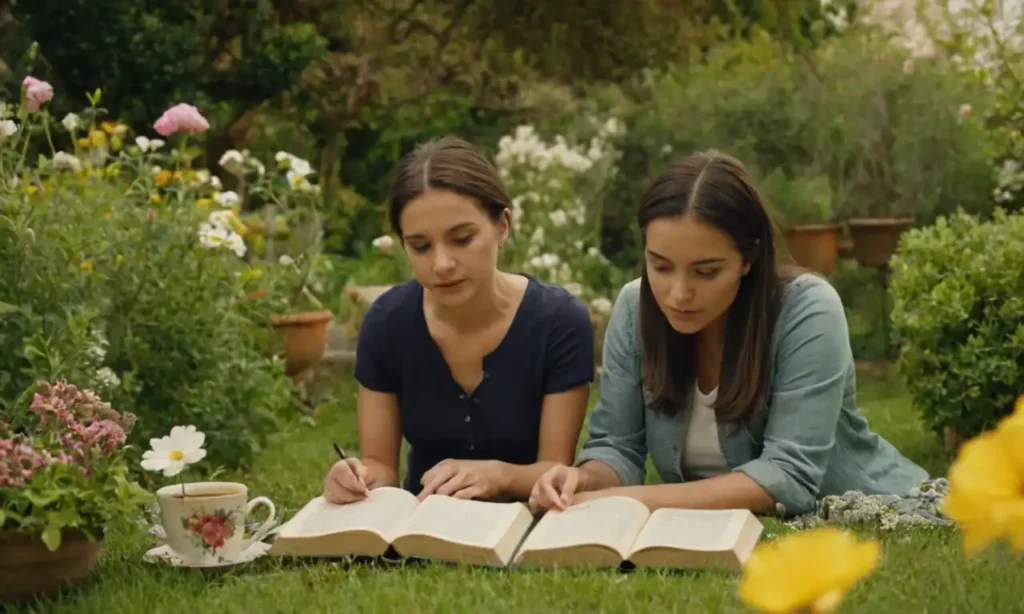 Dos mujeres sentadas en un jardín florecido