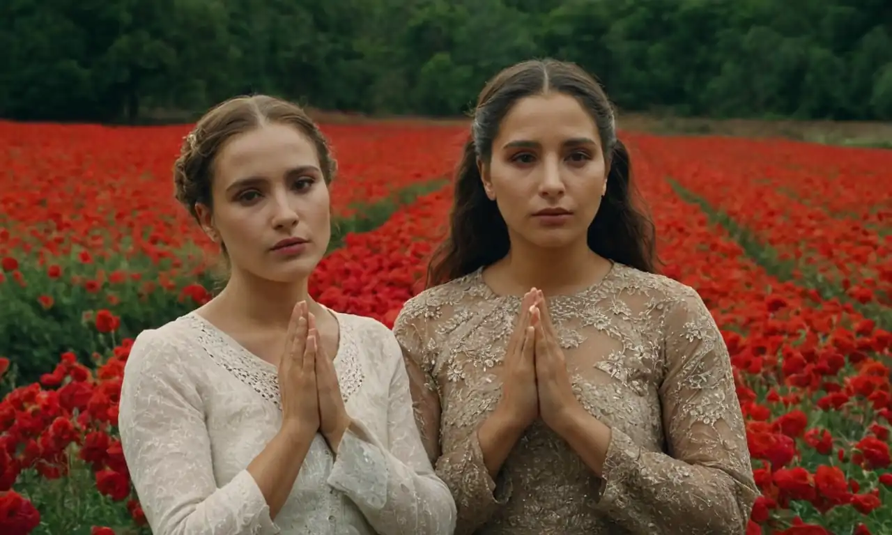 Dos mujeres sentadas juntas, rodeadas de flores