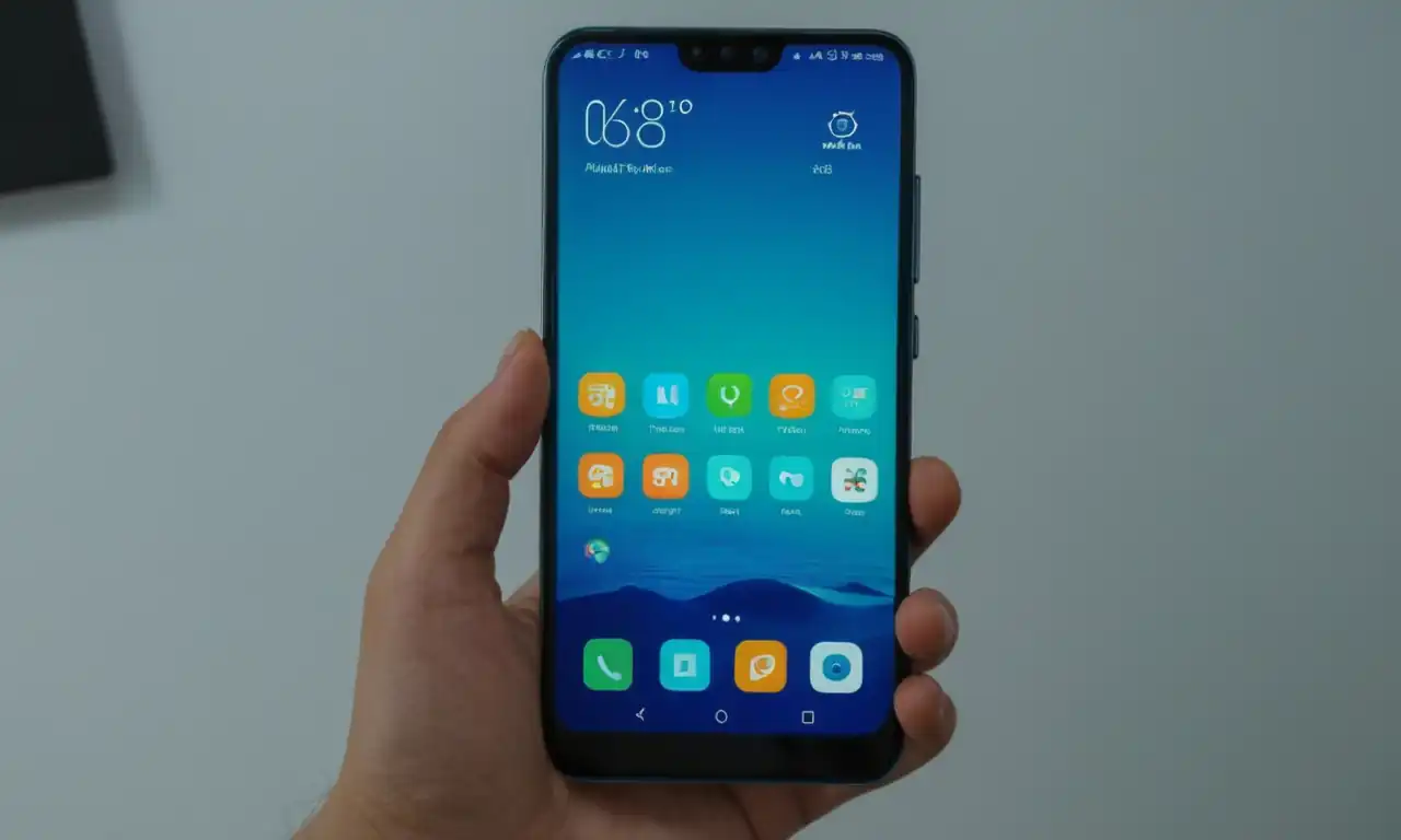 Smartphone Xiaomi con varias pantallas abiertas, iluminadas por una luz azul
