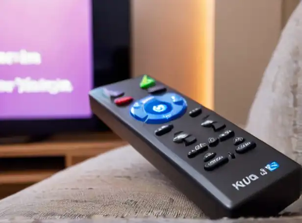 A remote control on a couch with a TV in the background