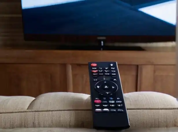 Samsung TV remote control on couch watching TV