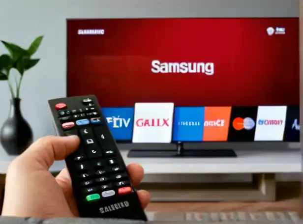 A person holding a remote control in front of a Smart TV with Samsung logo