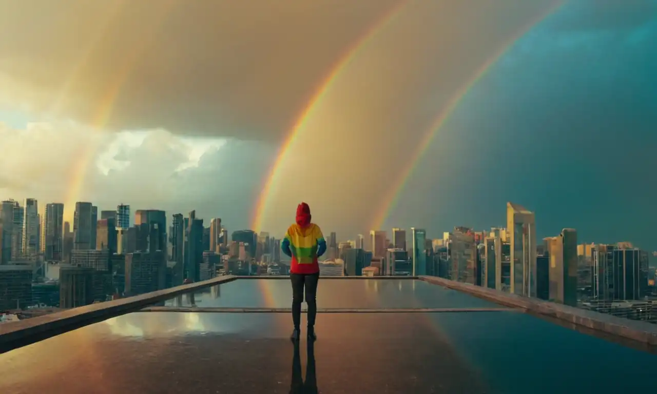 Un paracaidista saltando sobre un arcoíris, con una ciudad futurista al fondo