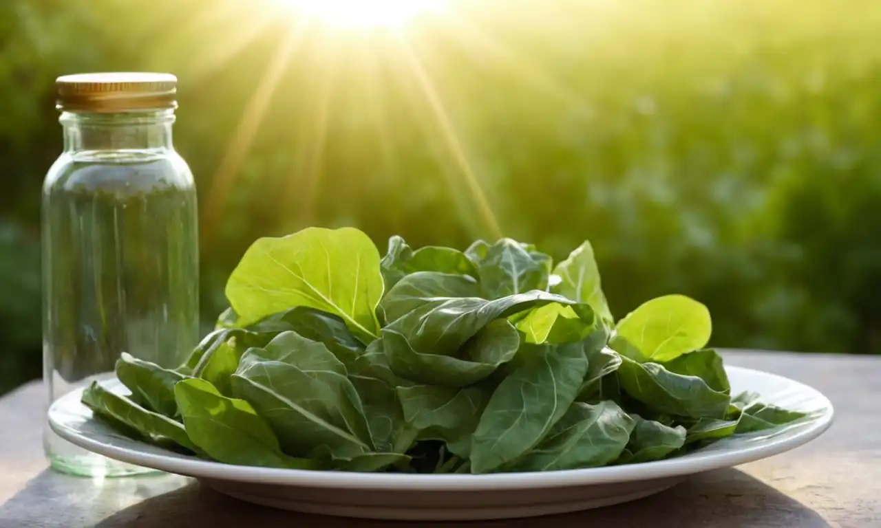 Green leafy vegetables, glass bottle supplement, morning sunbeams, healthy food plate