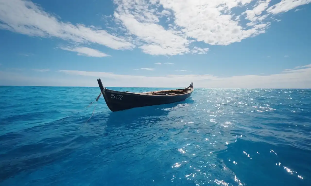 Un barco solitario navegando por un cielo azul con olas suaves