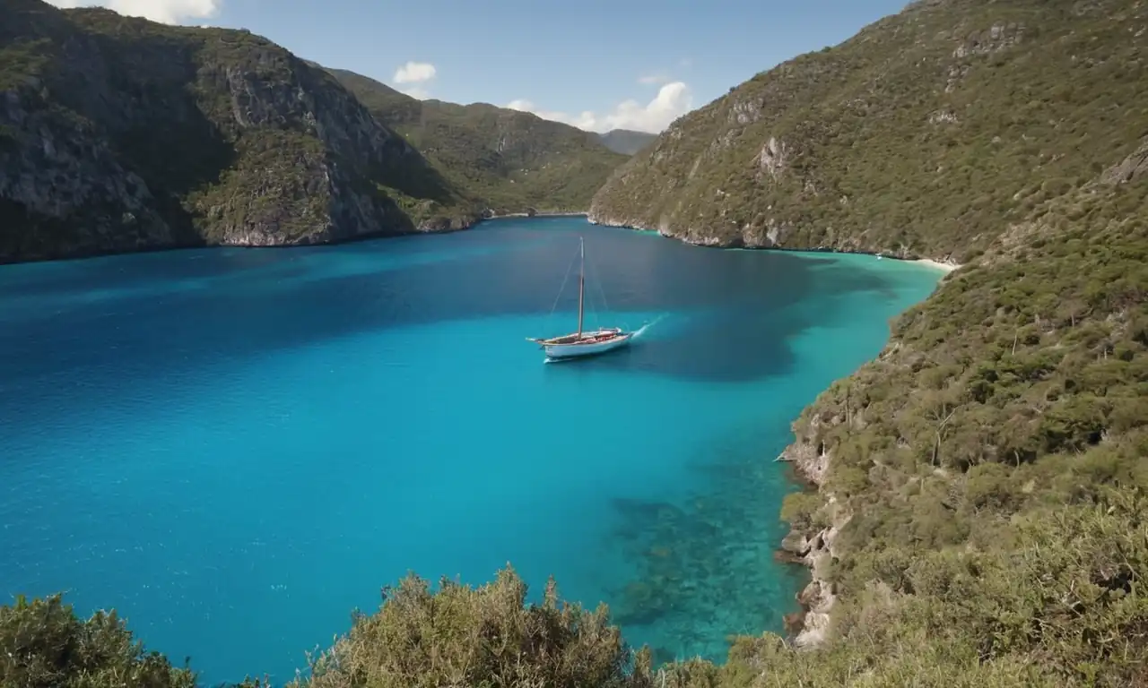 Un barco acuático rodeado de azules aguas turquesas y un sol nublado